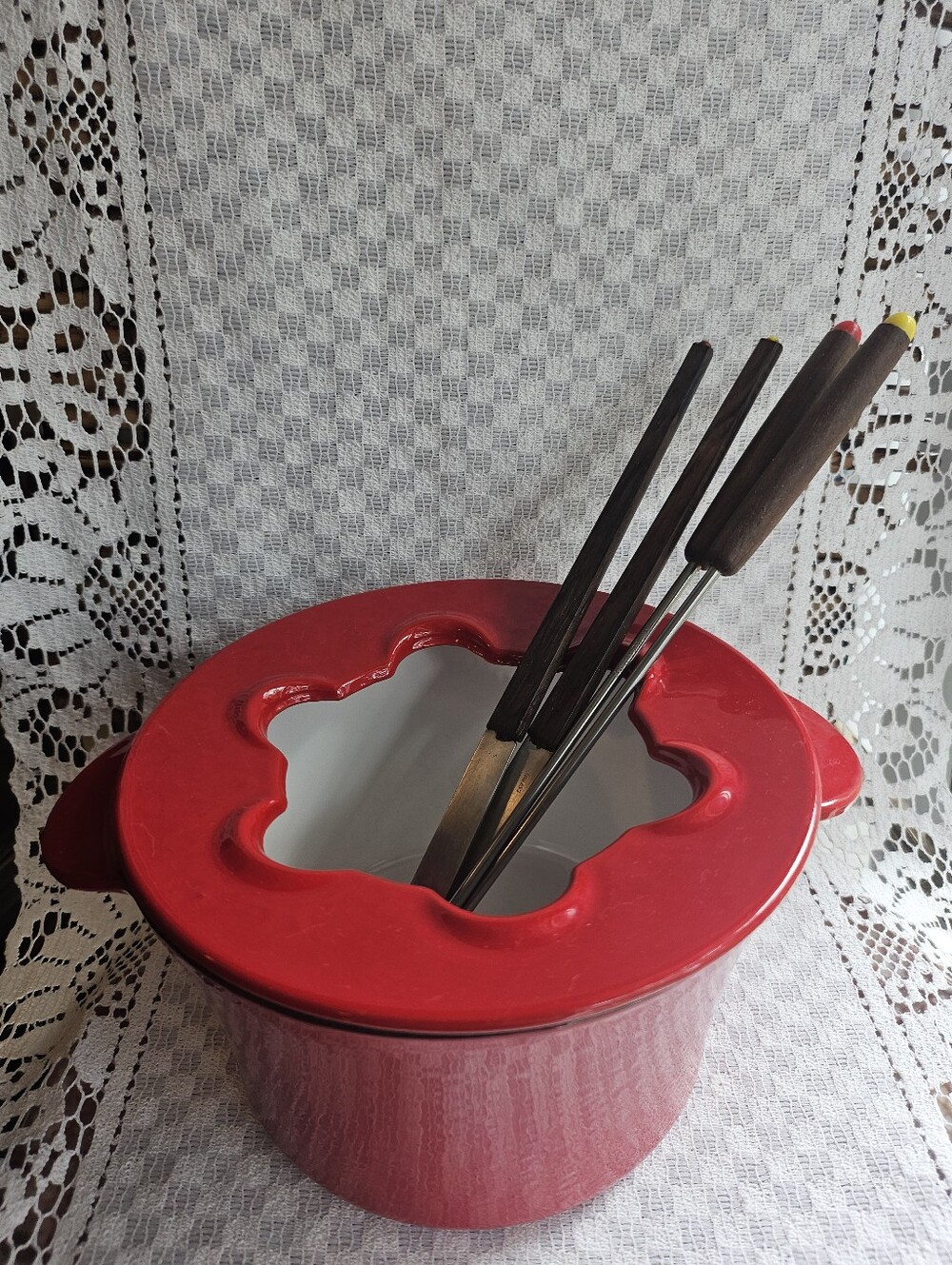 Red Norpro Cast Iron Fondue Pot Set
